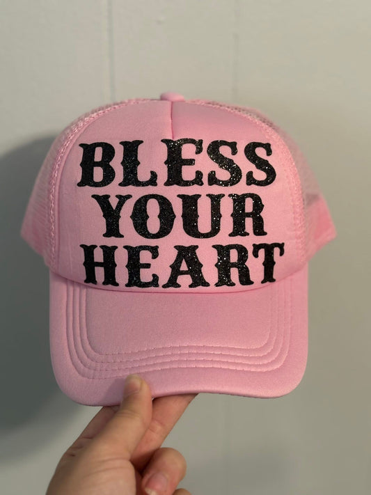 Pink with Black Glitter Letter - BLESS YOUR HEART Hat