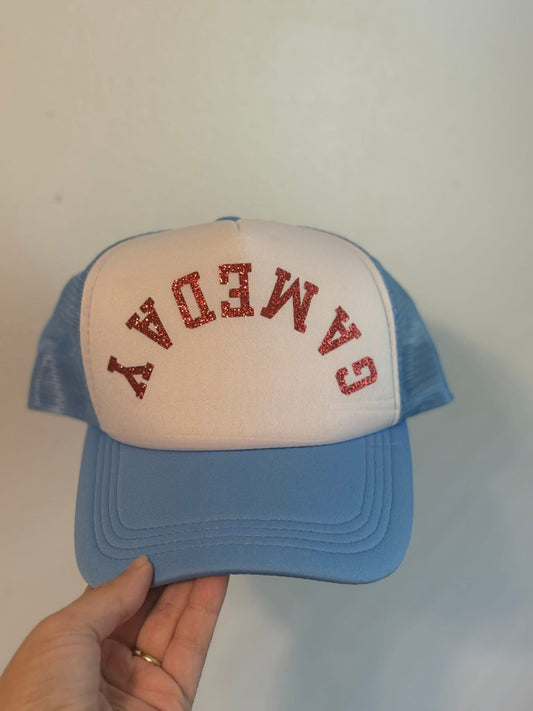 Blue with Red Glitter Letters - GAMEDAY Hat